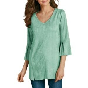 Soft Surroundings V Neck Faux Suede Tunic Top Bell Boho Mint Green Medium